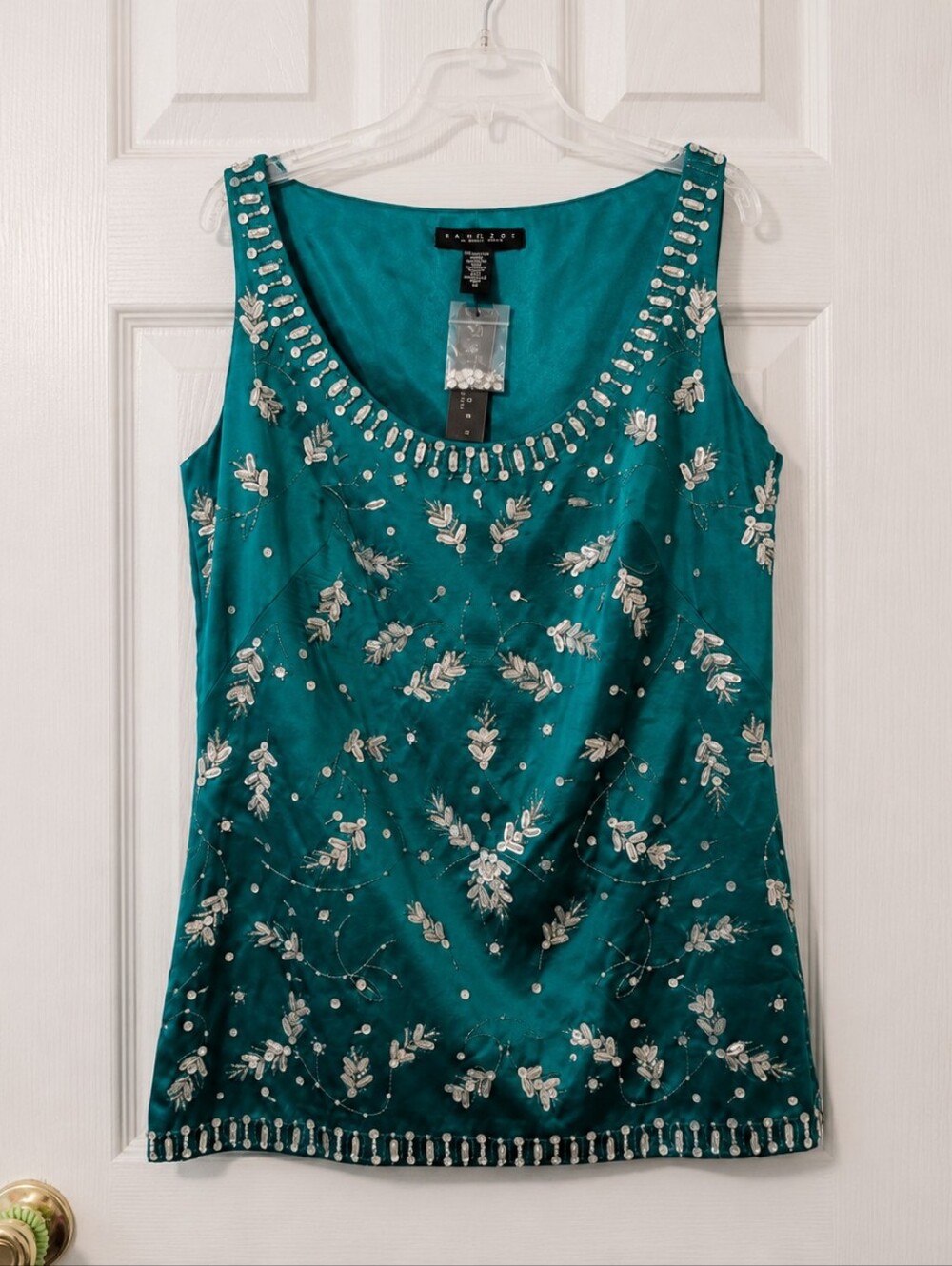 Laundry by Shelli Segal Beaded Silk Sleeveless Blouse Tank Top Medium Teal